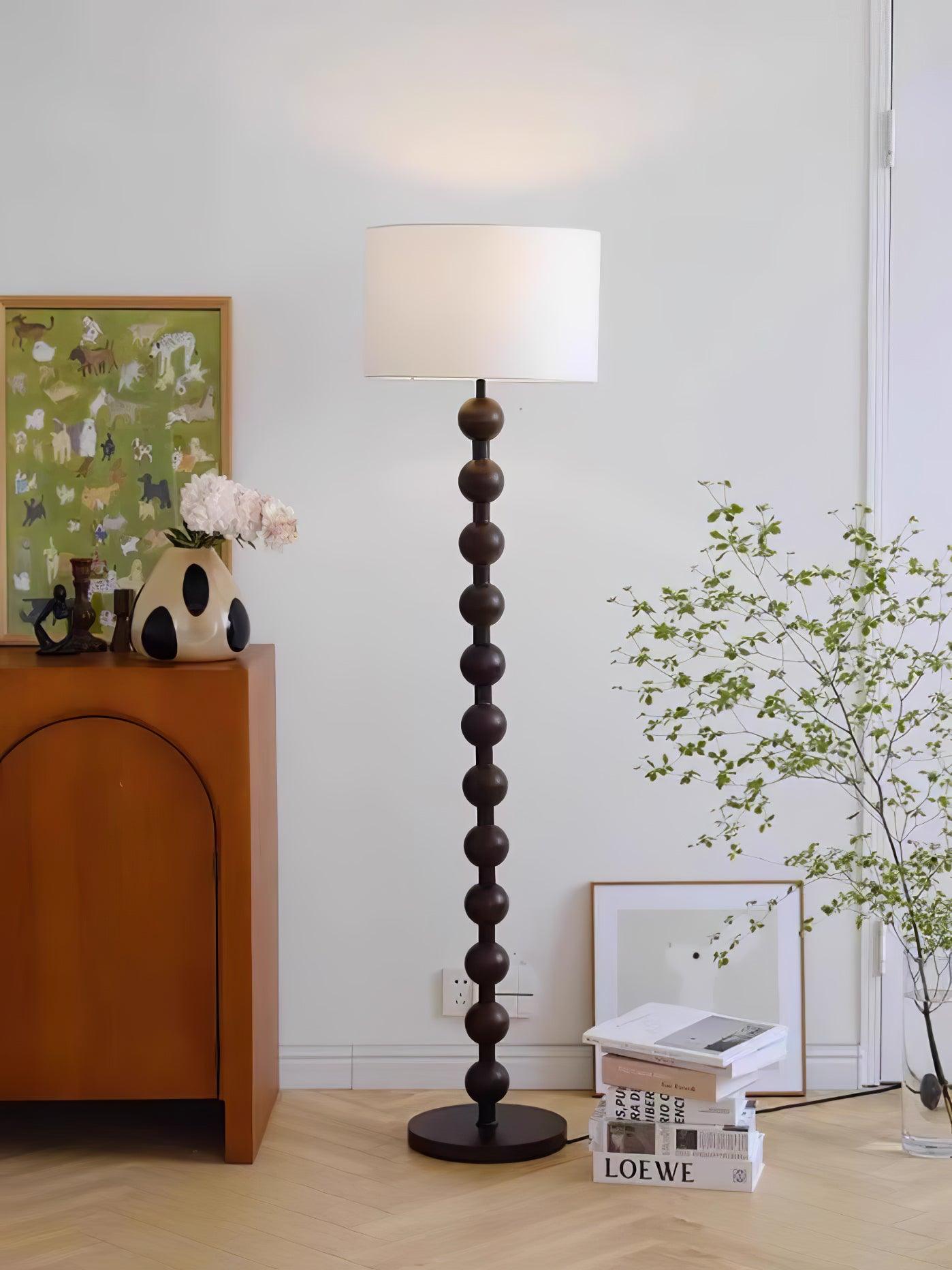 Mid Century Modern Barbell Wood Floor Lamp with Fabric Drum Shade for Indoor Lighting