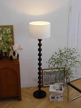 Mid Century Modern Barbell Wood Floor Lamp with Fabric Drum Shade for Indoor Lighting