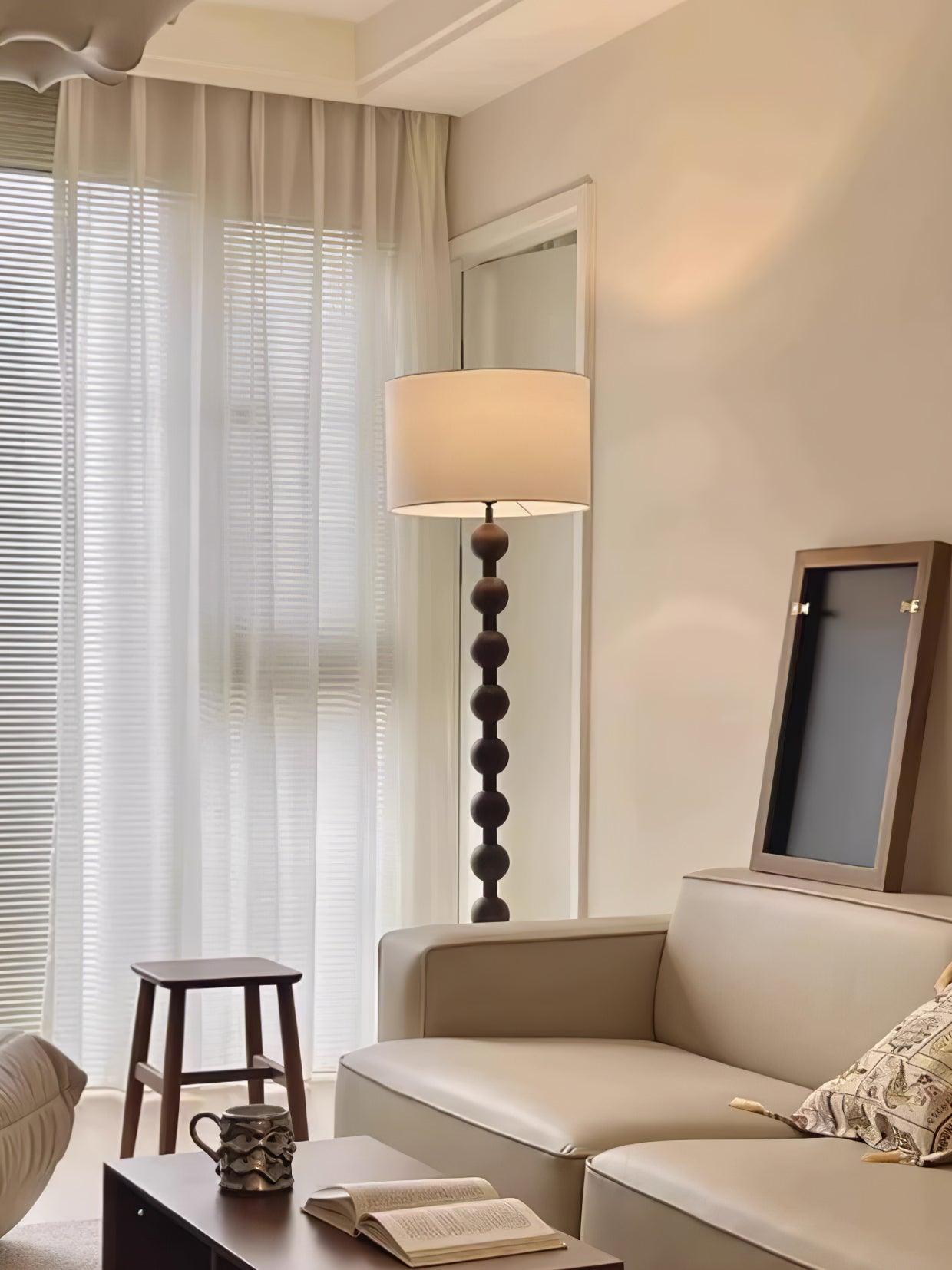 Mid Century Modern Barbell Wood Floor Lamp with Fabric Drum Shade for Indoor Lighting