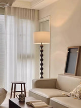 Mid Century Modern Barbell Wood Floor Lamp with Fabric Drum Shade for Indoor Lighting