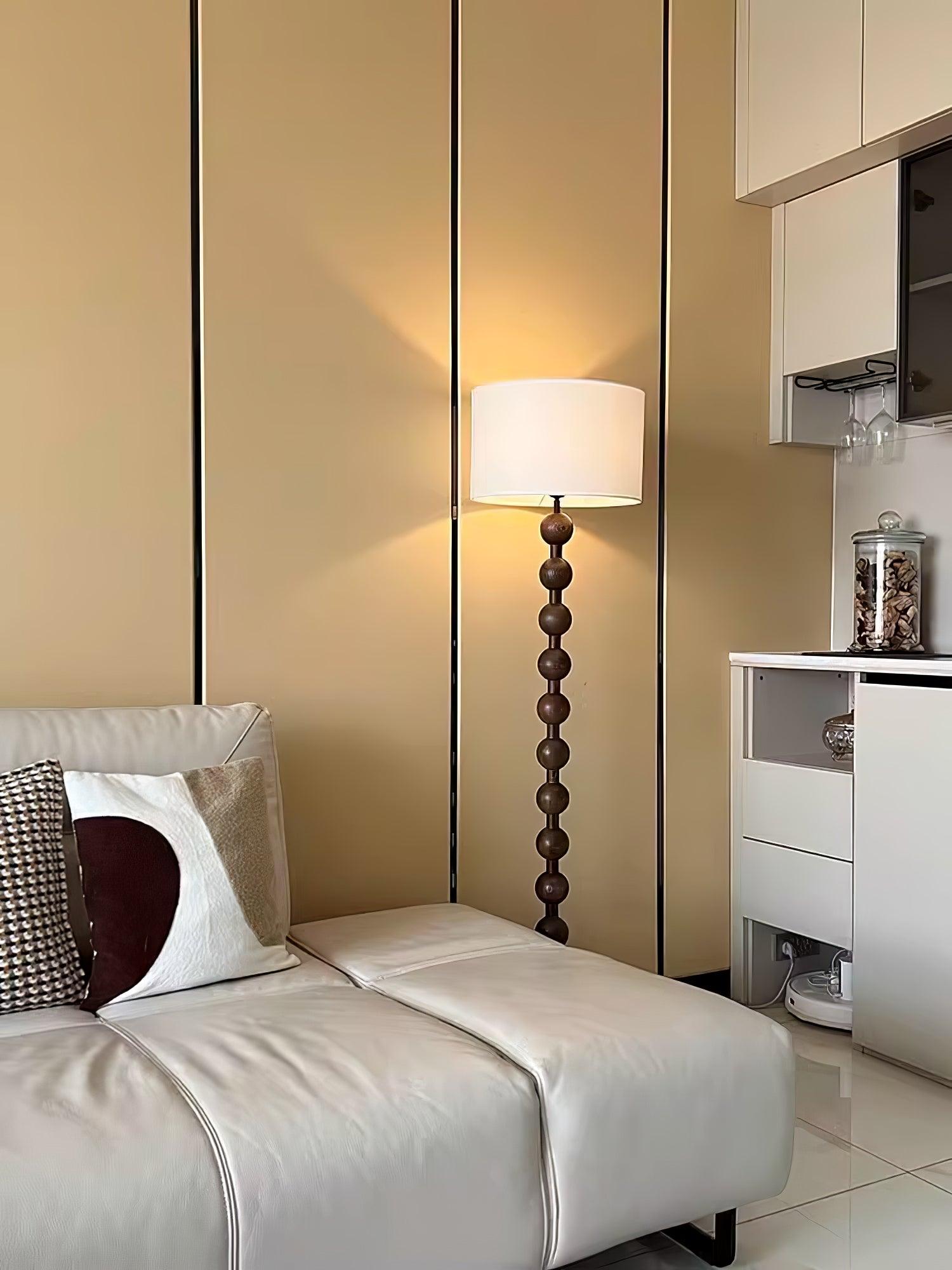 Mid Century Modern Barbell Wood Floor Lamp with Fabric Drum Shade for Indoor Lighting