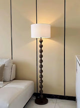 Mid Century Modern Barbell Wood Floor Lamp with Fabric Drum Shade for Indoor Lighting