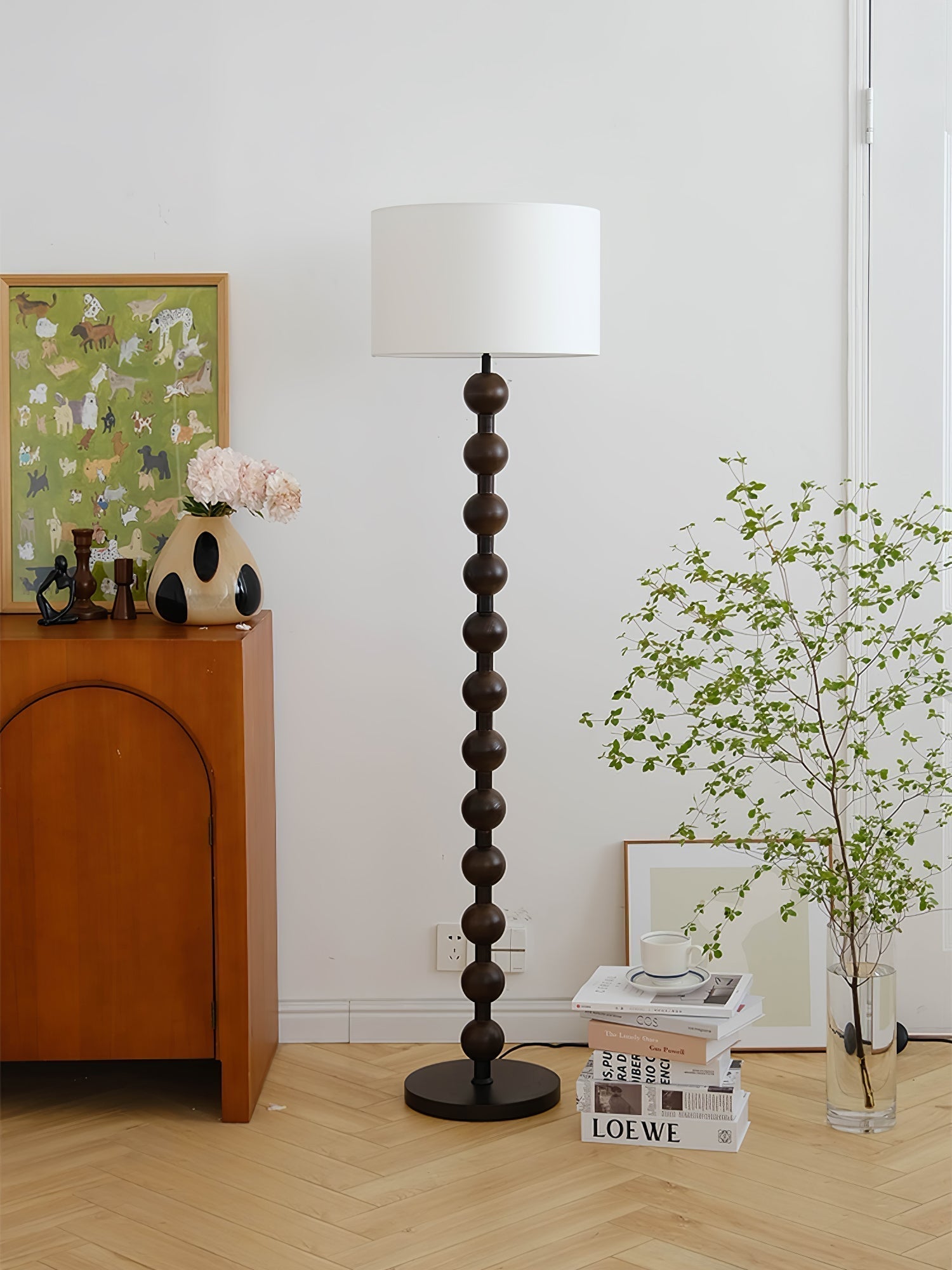 Mid Century Modern Barbell Wood Floor Lamp with Fabric Drum Shade for Indoor Lighting