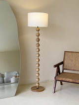Mid Century Modern Barbell Wood Floor Lamp with Fabric Drum Shade for Indoor Lighting