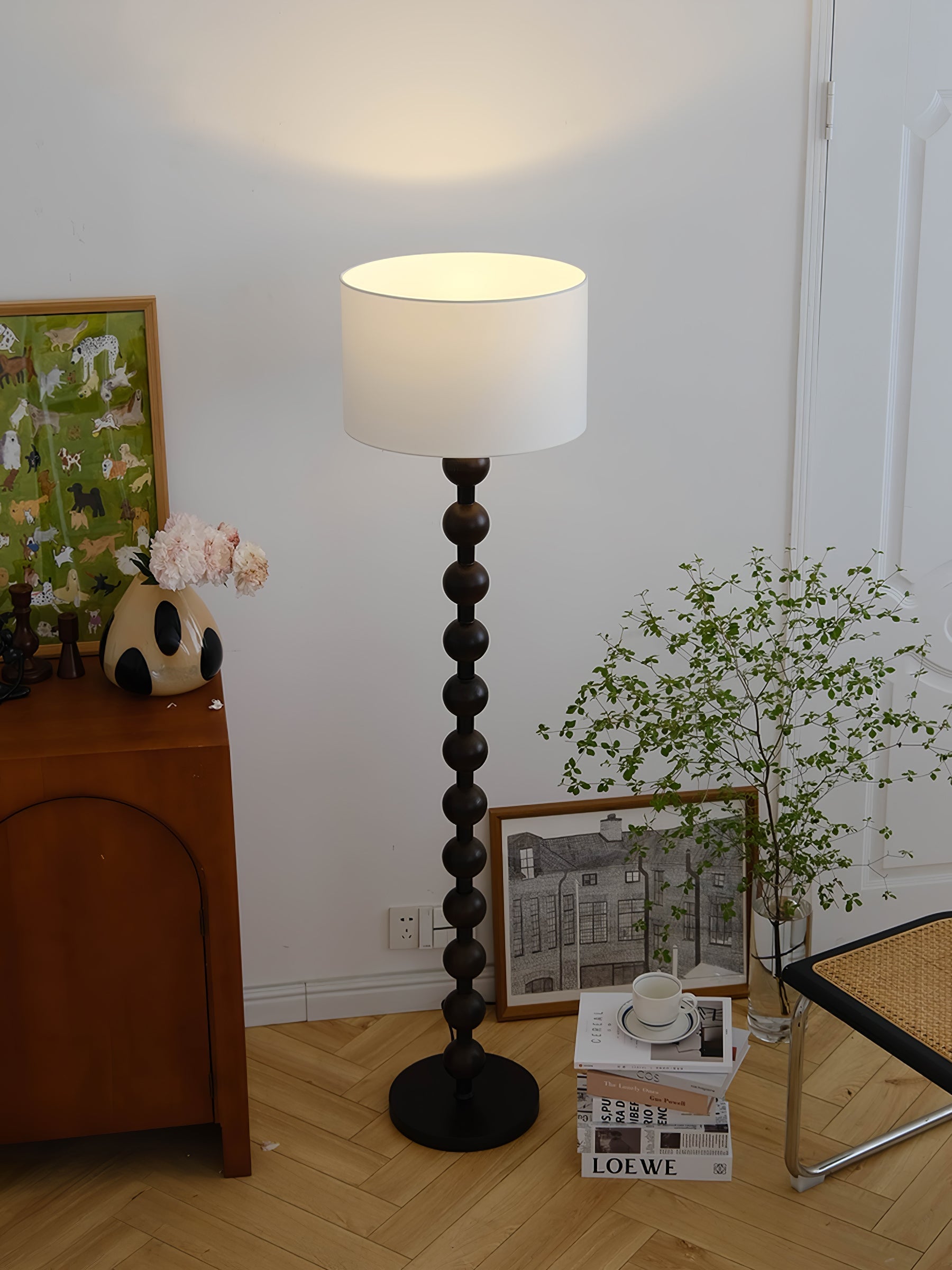 Mid Century Modern Barbell Wood Floor Lamp with Fabric Drum Shade for Indoor Lighting