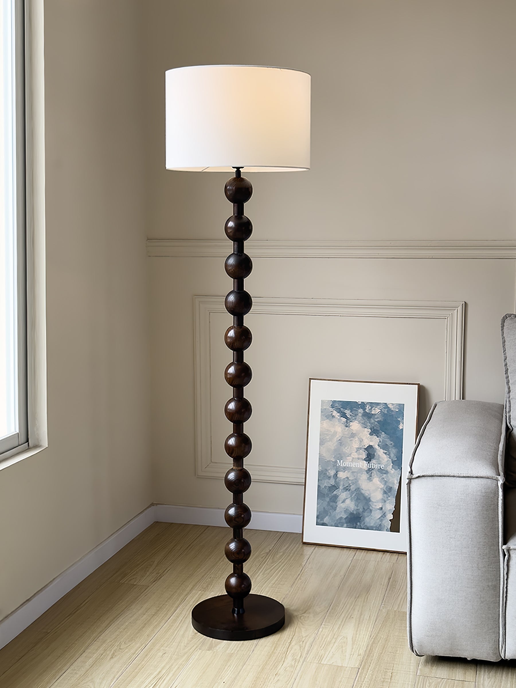 Mid Century Modern Barbell Wood Floor Lamp with Fabric Drum Shade for Indoor Lighting