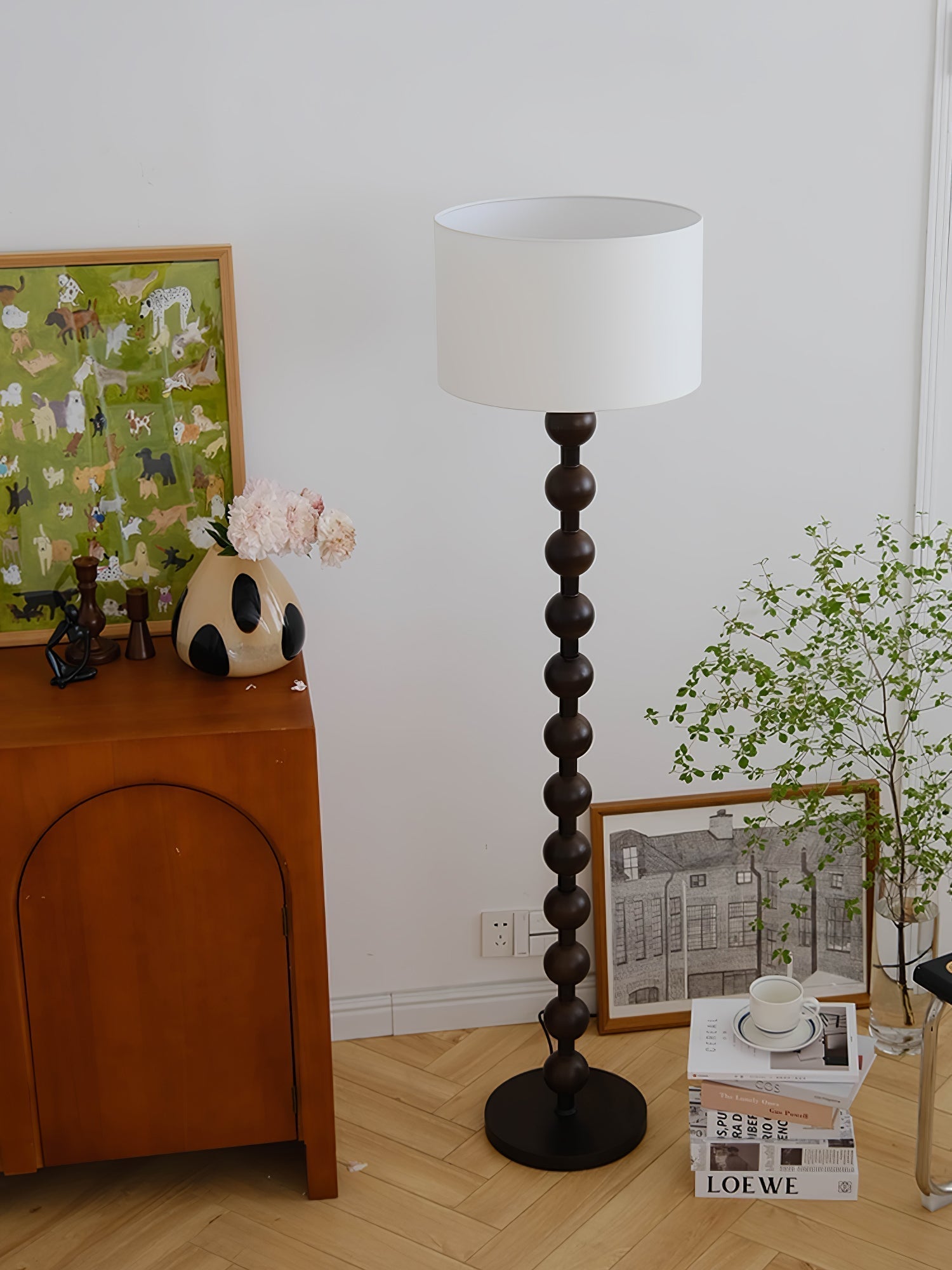 Mid Century Modern Barbell Wood Floor Lamp with Fabric Drum Shade for Indoor Lighting