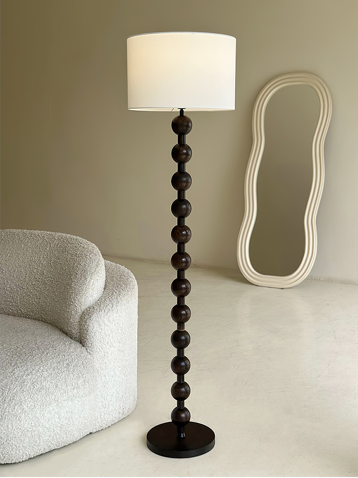 Mid Century Modern Barbell Wood Floor Lamp with Fabric Drum Shade for Indoor Lighting