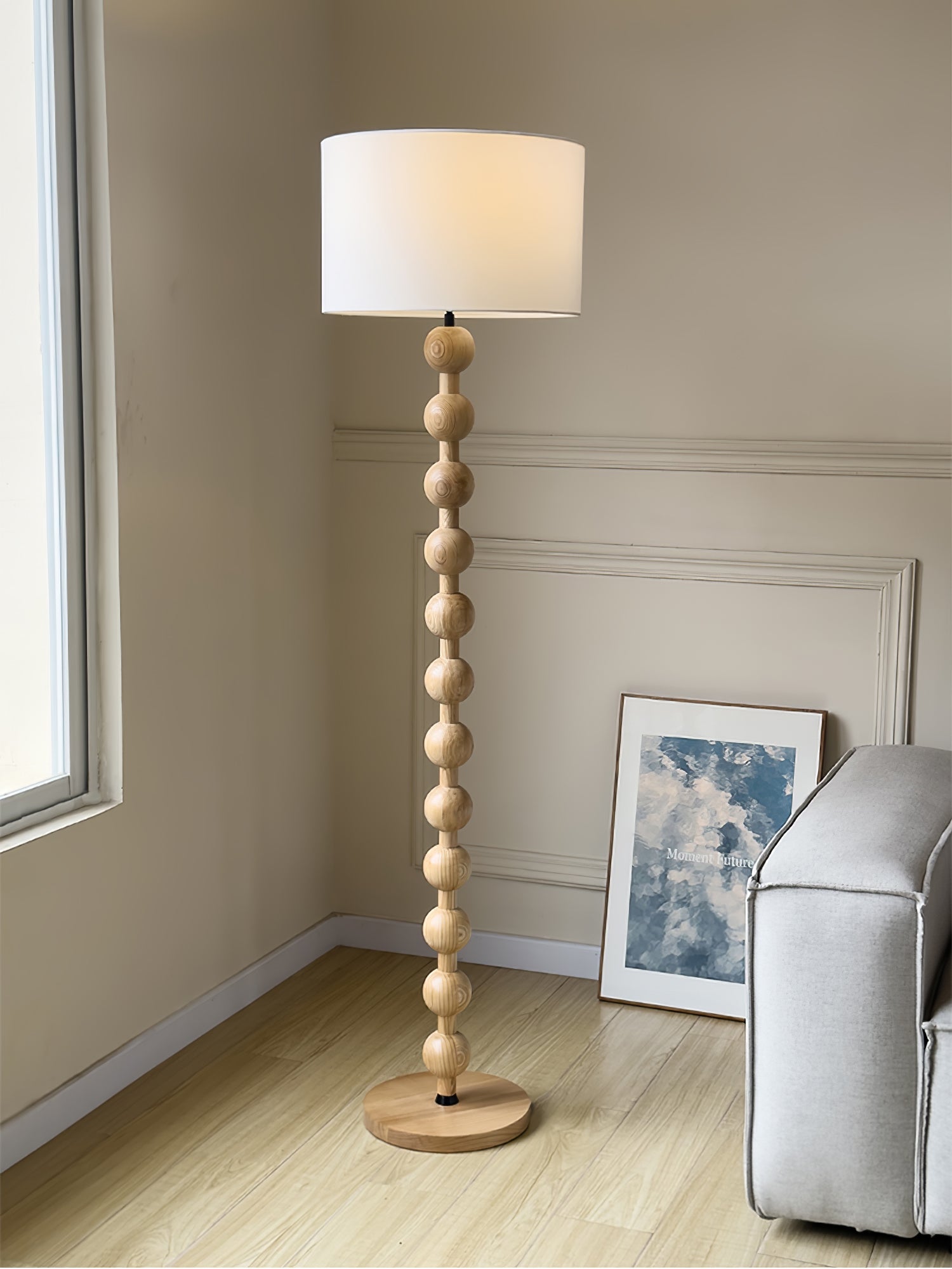 Mid Century Modern Barbell Wood Floor Lamp with Fabric Drum Shade for Indoor Lighting