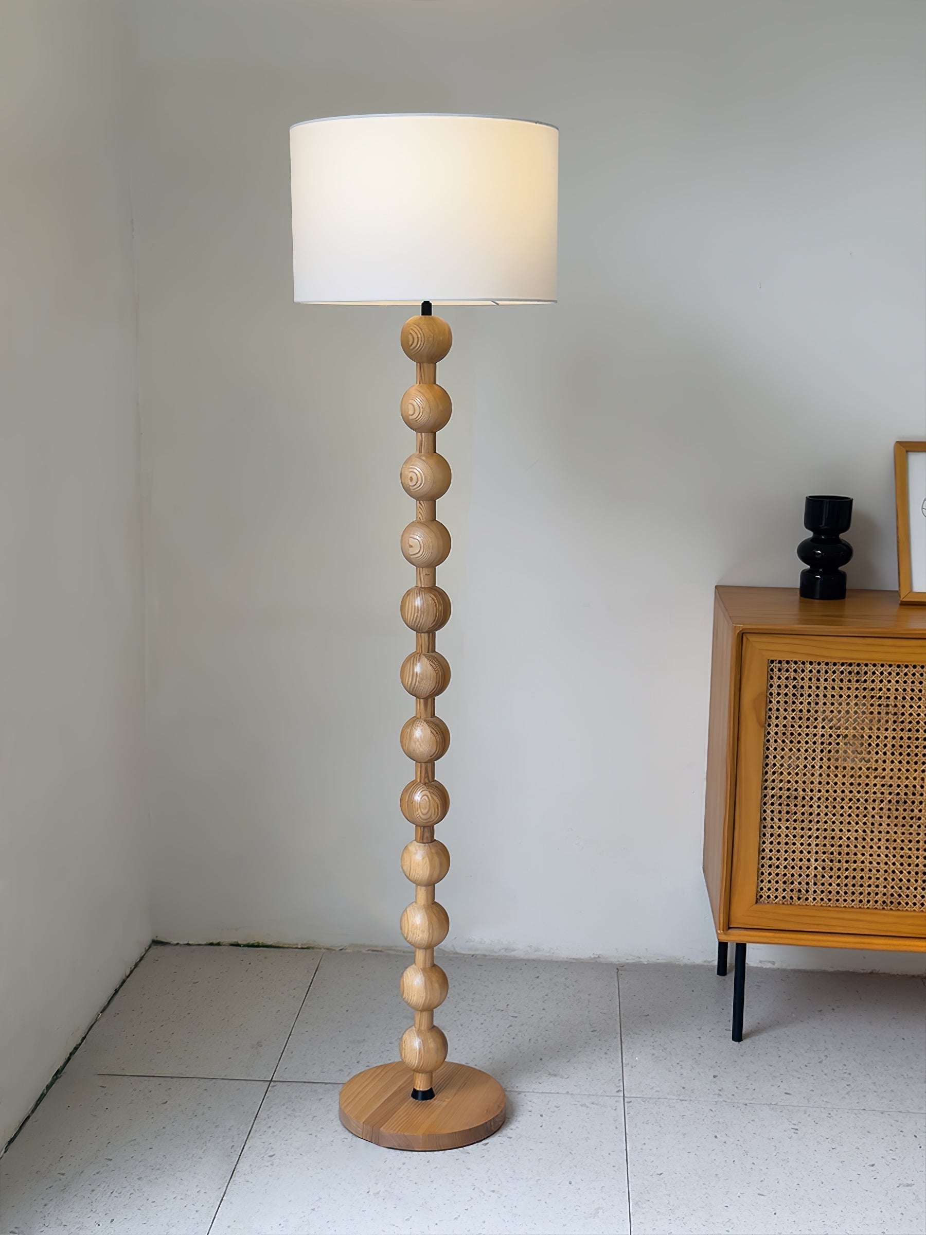 Mid Century Modern Barbell Wood Floor Lamp with Fabric Drum Shade for Indoor Lighting