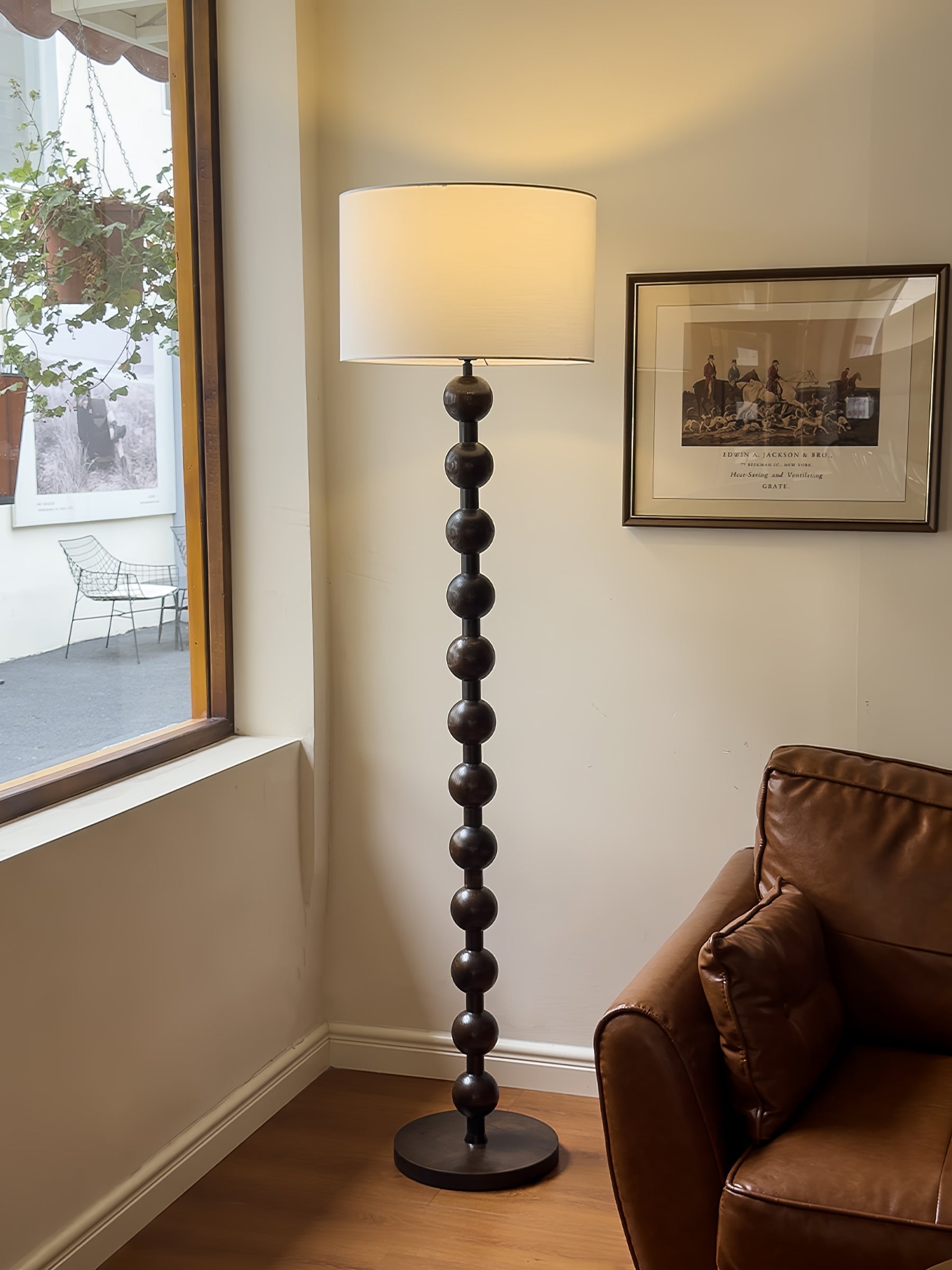 Mid Century Modern Barbell Wood Floor Lamp with Fabric Drum Shade for Indoor Lighting