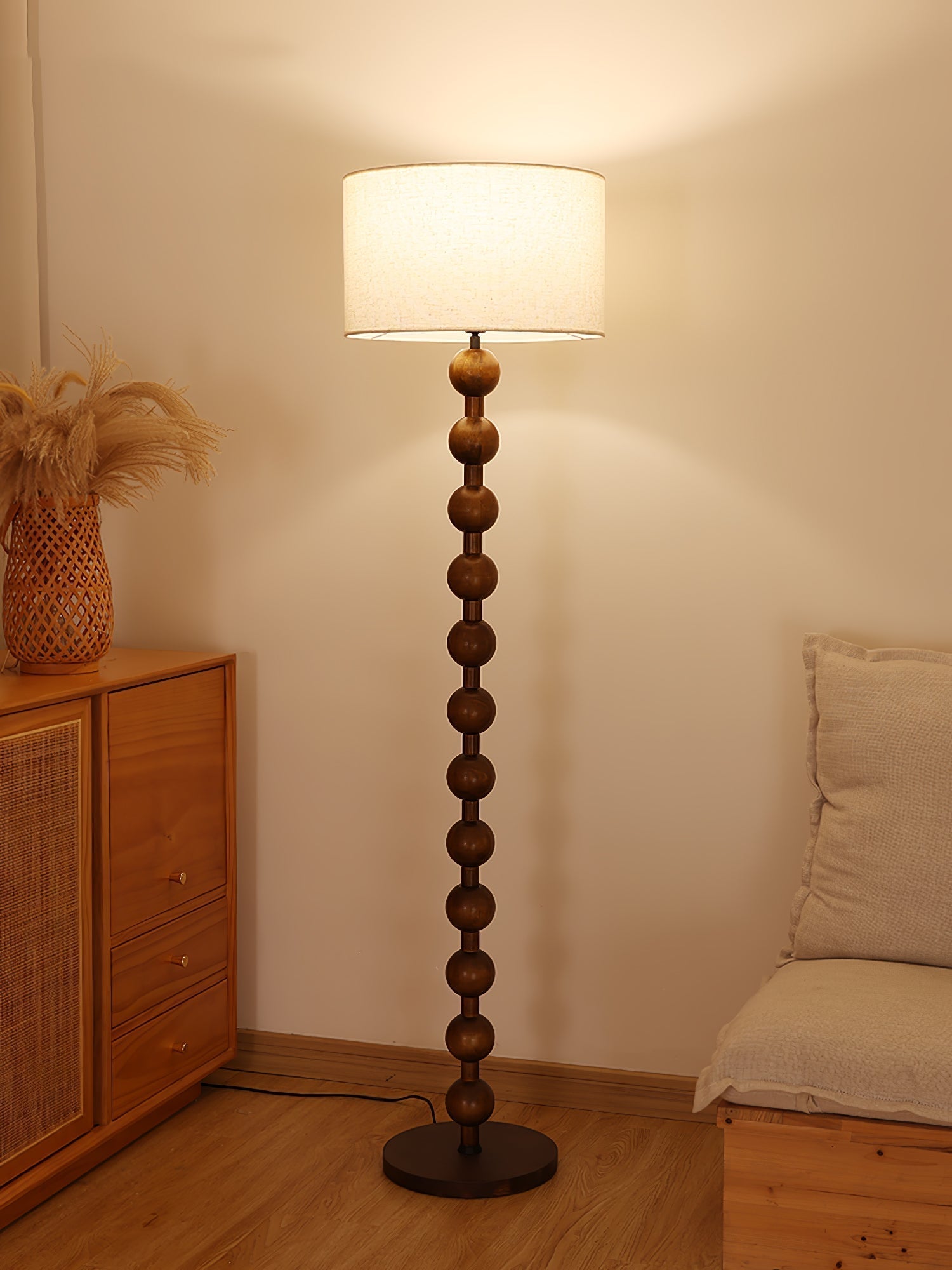 Mid Century Modern Barbell Wood Floor Lamp with Fabric Drum Shade for Indoor Lighting