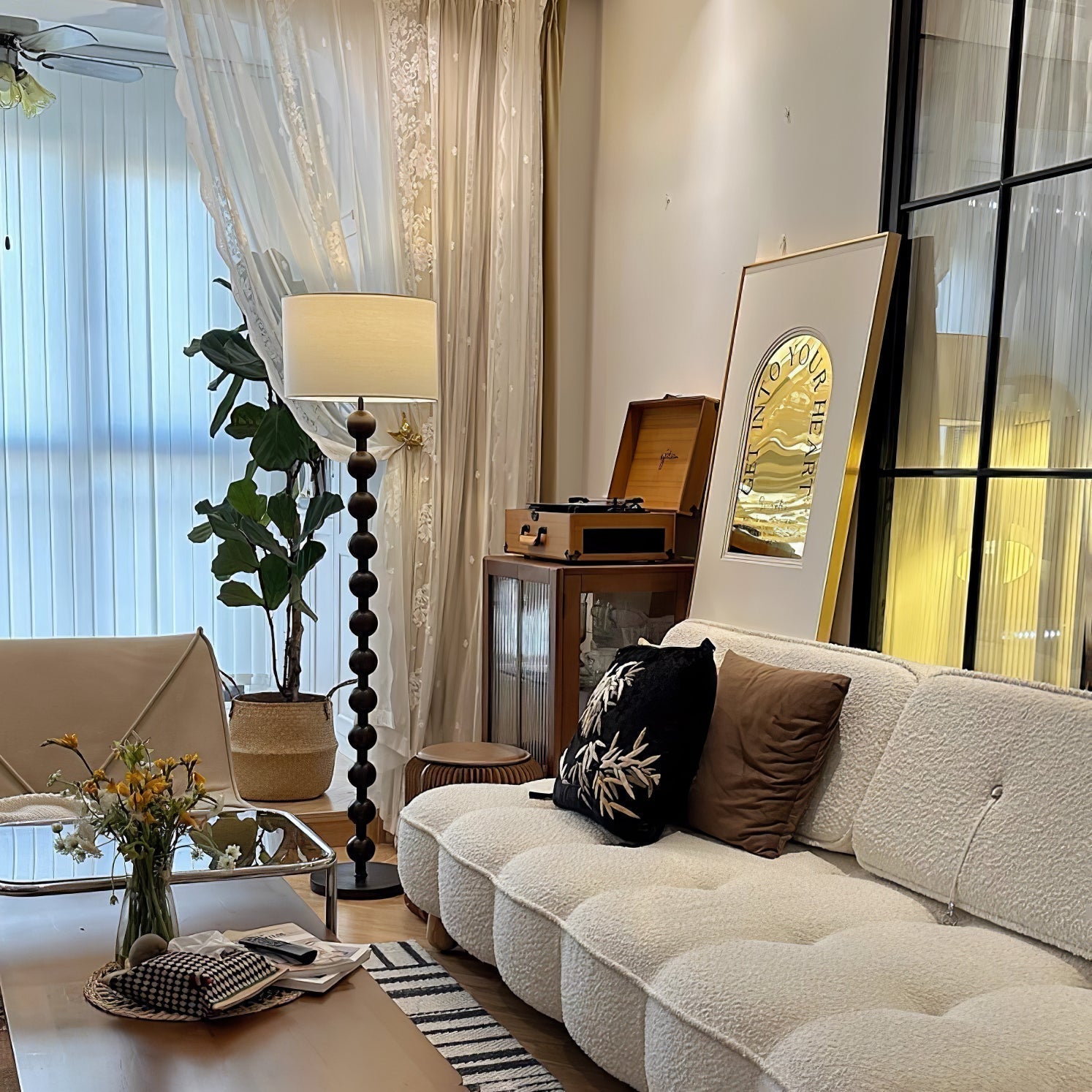 Mid Century Modern Barbell Wood Floor Lamp with Fabric Drum Shade for Indoor Lighting