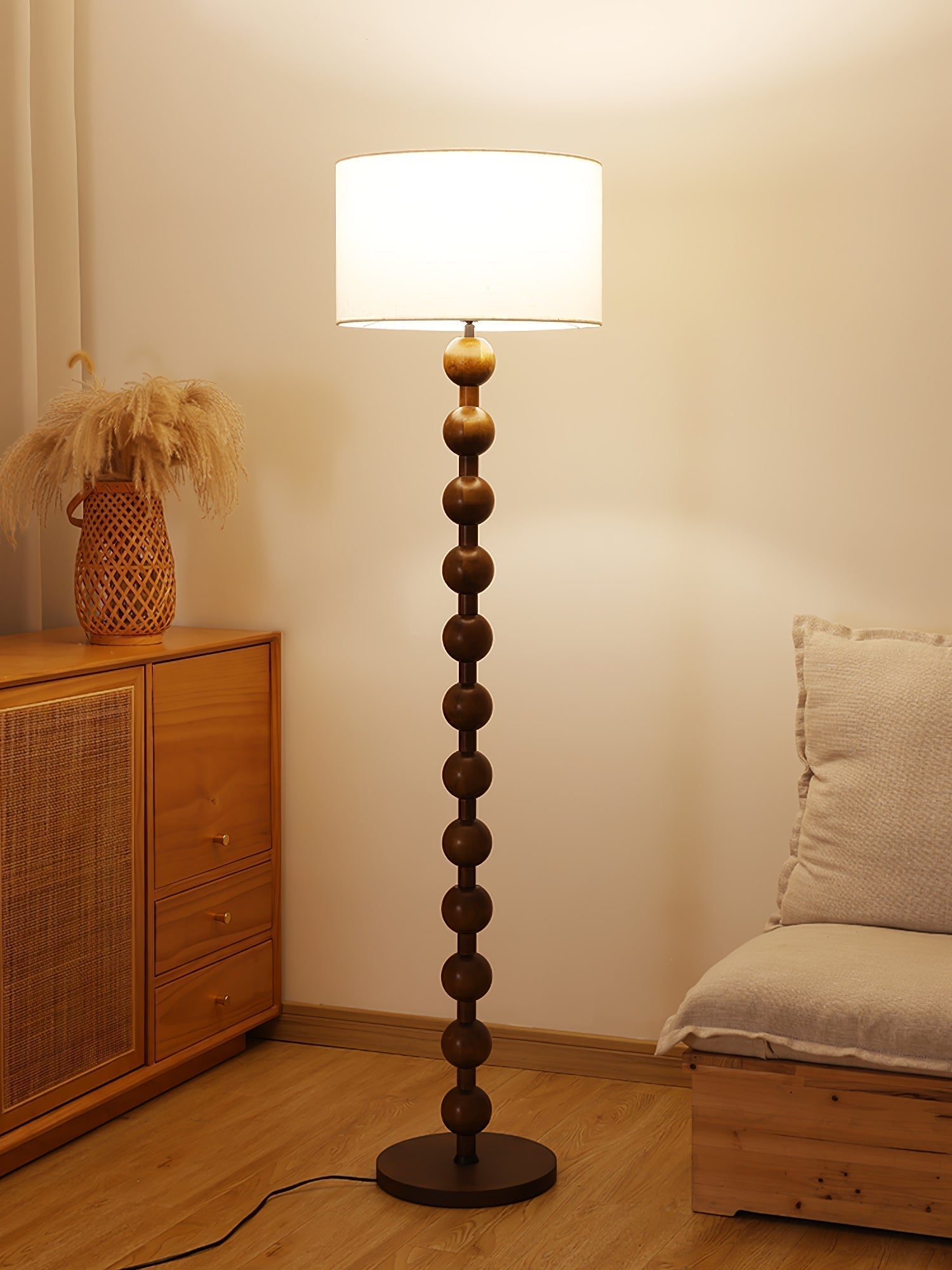 Mid Century Modern Barbell Wood Floor Lamp with Fabric Drum Shade for Indoor Lighting