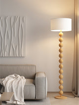 Mid Century Modern Barbell Wood Floor Lamp with Fabric Drum Shade for Indoor Lighting