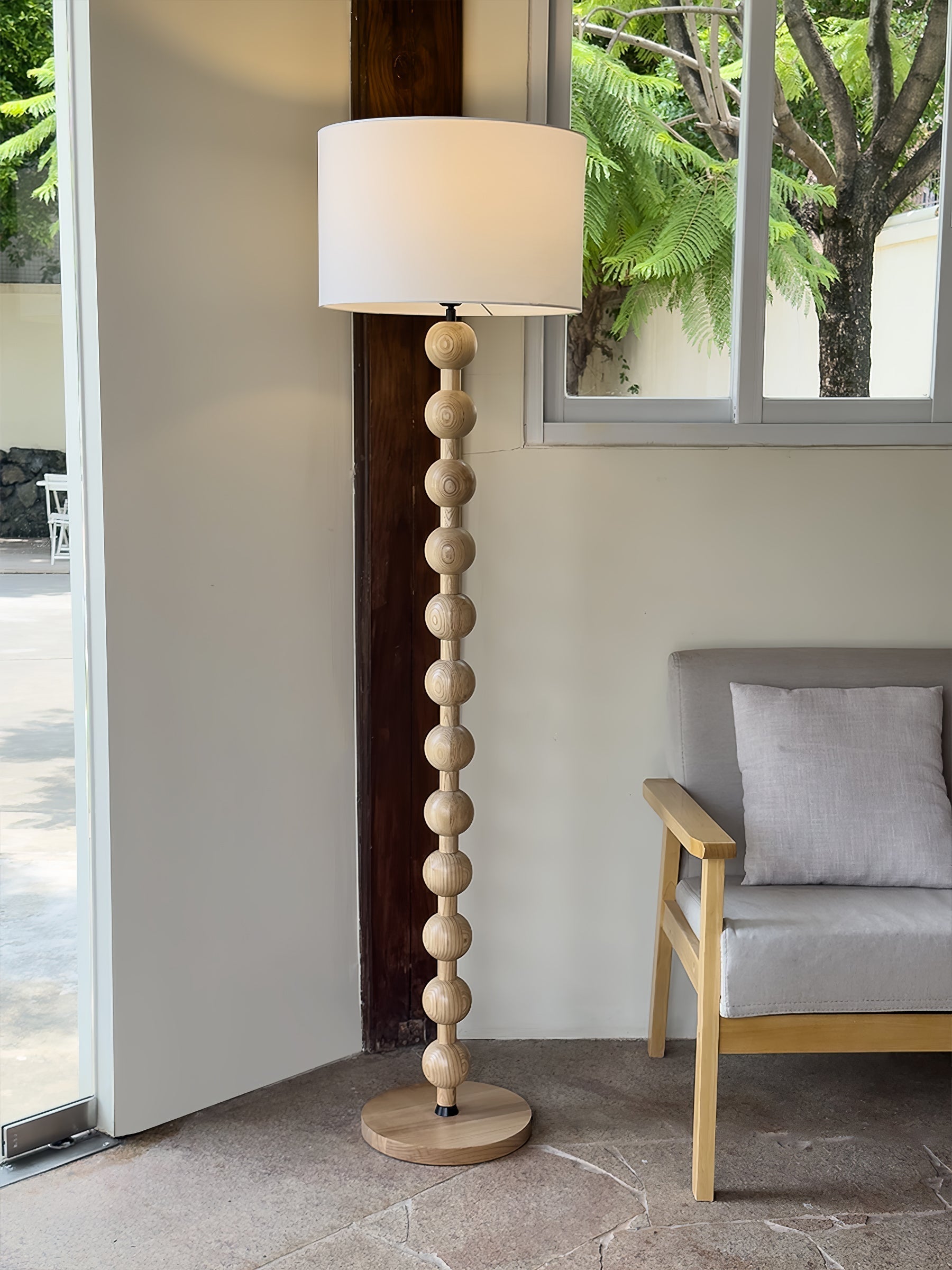 Mid Century Modern Barbell Wood Floor Lamp with Fabric Drum Shade for Indoor Lighting