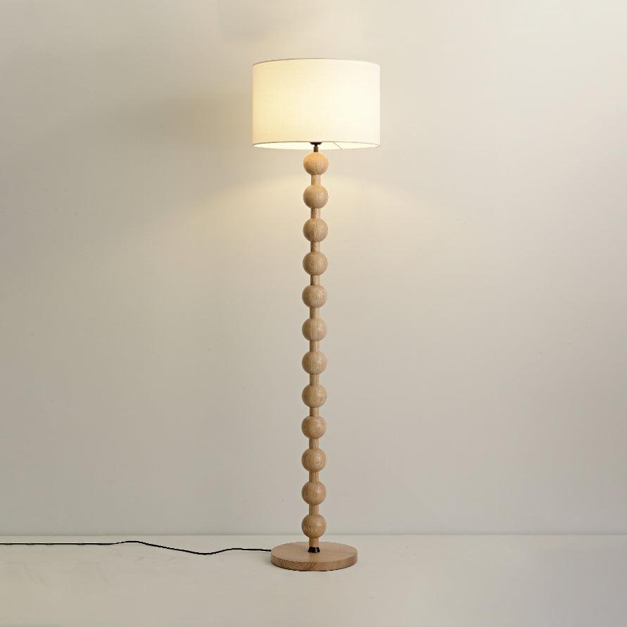 Mid Century Modern Barbell Wood Floor Lamp with Fabric Drum Shade for Indoor Lighting