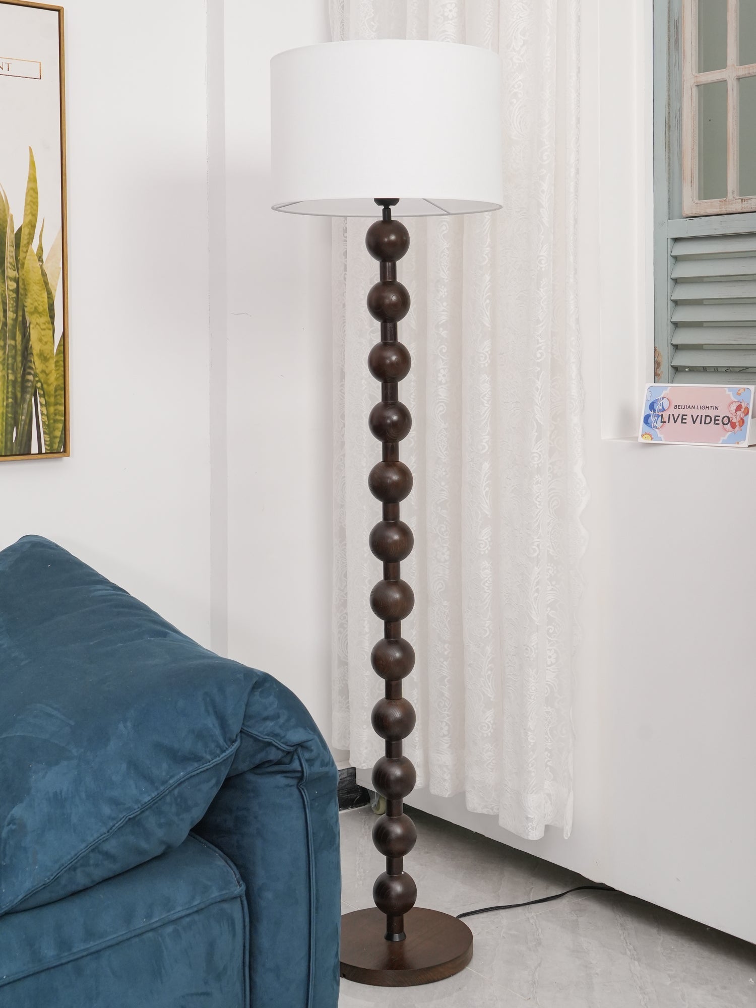 Mid Century Modern Barbell Wood Floor Lamp with Fabric Drum Shade for Indoor Lighting