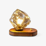 Handcrafted Ice Stone Glass Bedside Table Lamp Smokey Amber Finish Reading Light with Wooden Base