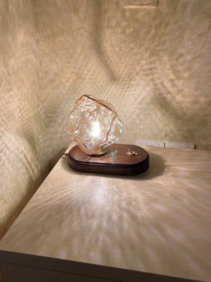 Handcrafted Ice Stone Glass Bedside Table Lamp Smokey Amber Finish Reading Light with Wooden Base