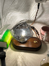 Handcrafted Ice Stone Glass Bedside Table Lamp Smokey Amber Finish Reading Light with Wooden Base