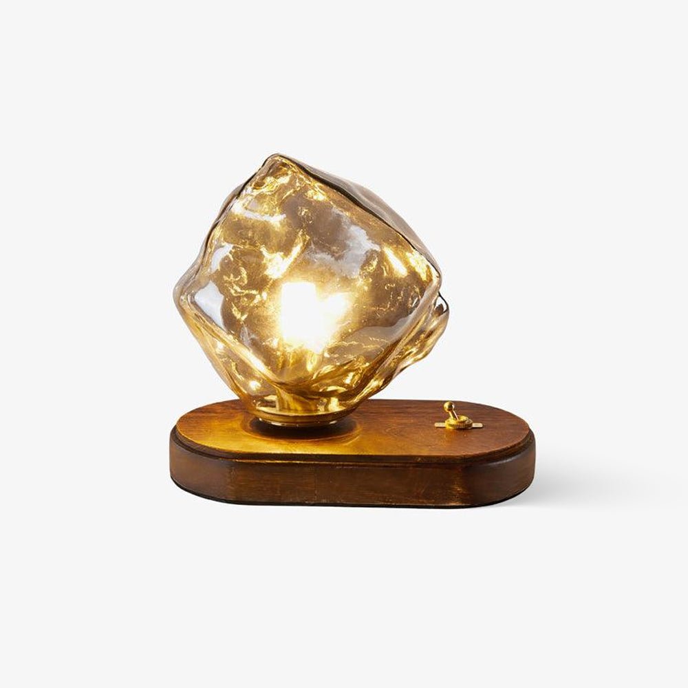 Handcrafted Ice Stone Glass Bedside Table Lamp Smokey Amber Finish Reading Light with Wooden Base