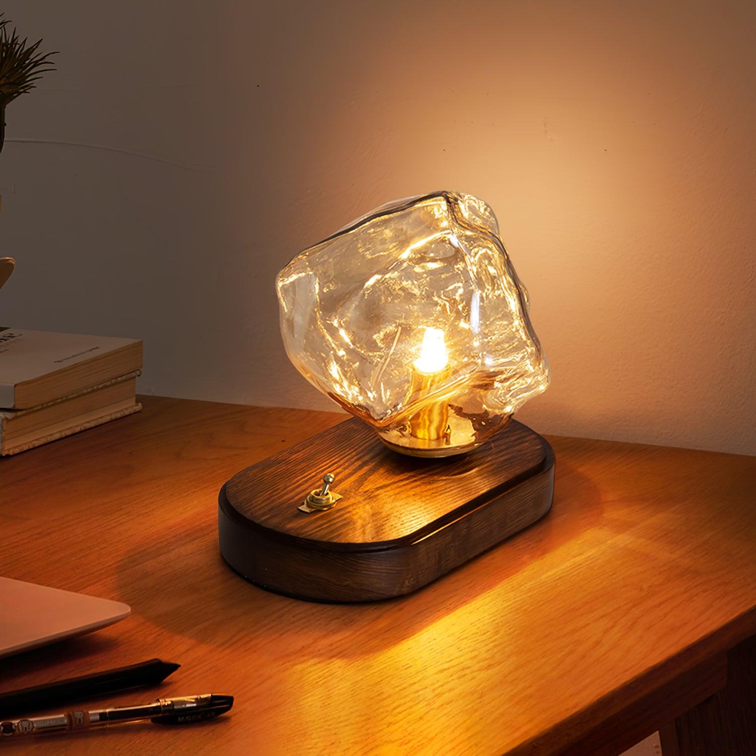 Handcrafted Ice Stone Glass Bedside Table Lamp Smokey Amber Finish Reading Light with Wooden Base