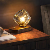 Handcrafted Ice Stone Glass Bedside Table Lamp Smokey Amber Finish Reading Light with Wooden Base