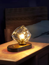 Handcrafted Ice Stone Glass Bedside Table Lamp Smokey Amber Finish Reading Light with Wooden Base