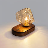 Handcrafted Ice Stone Glass Bedside Table Lamp Smokey Amber Finish Reading Light with Wooden Base