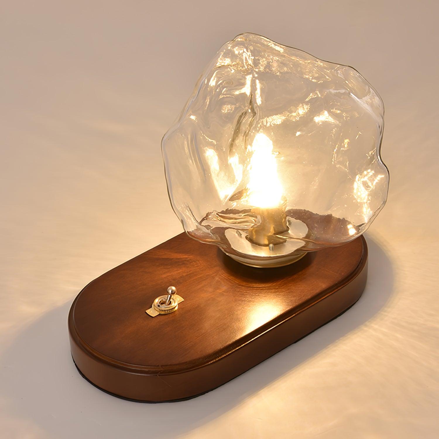 Handcrafted Ice Stone Glass Bedside Table Lamp Smokey Amber Finish Reading Light with Wooden Base
