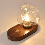 Handcrafted Ice Stone Glass Bedside Table Lamp Smokey Amber Finish Reading Light with Wooden Base