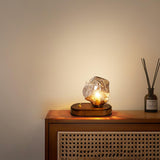Handcrafted Ice Stone Glass Bedside Table Lamp Smokey Amber Finish Reading Light with Wooden Base