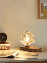 Handcrafted Ice Stone Glass Bedside Table Lamp Smokey Amber Finish Reading Light with Wooden Base