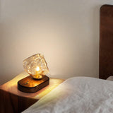 Handcrafted Ice Stone Glass Bedside Table Lamp Smokey Amber Finish Reading Light with Wooden Base