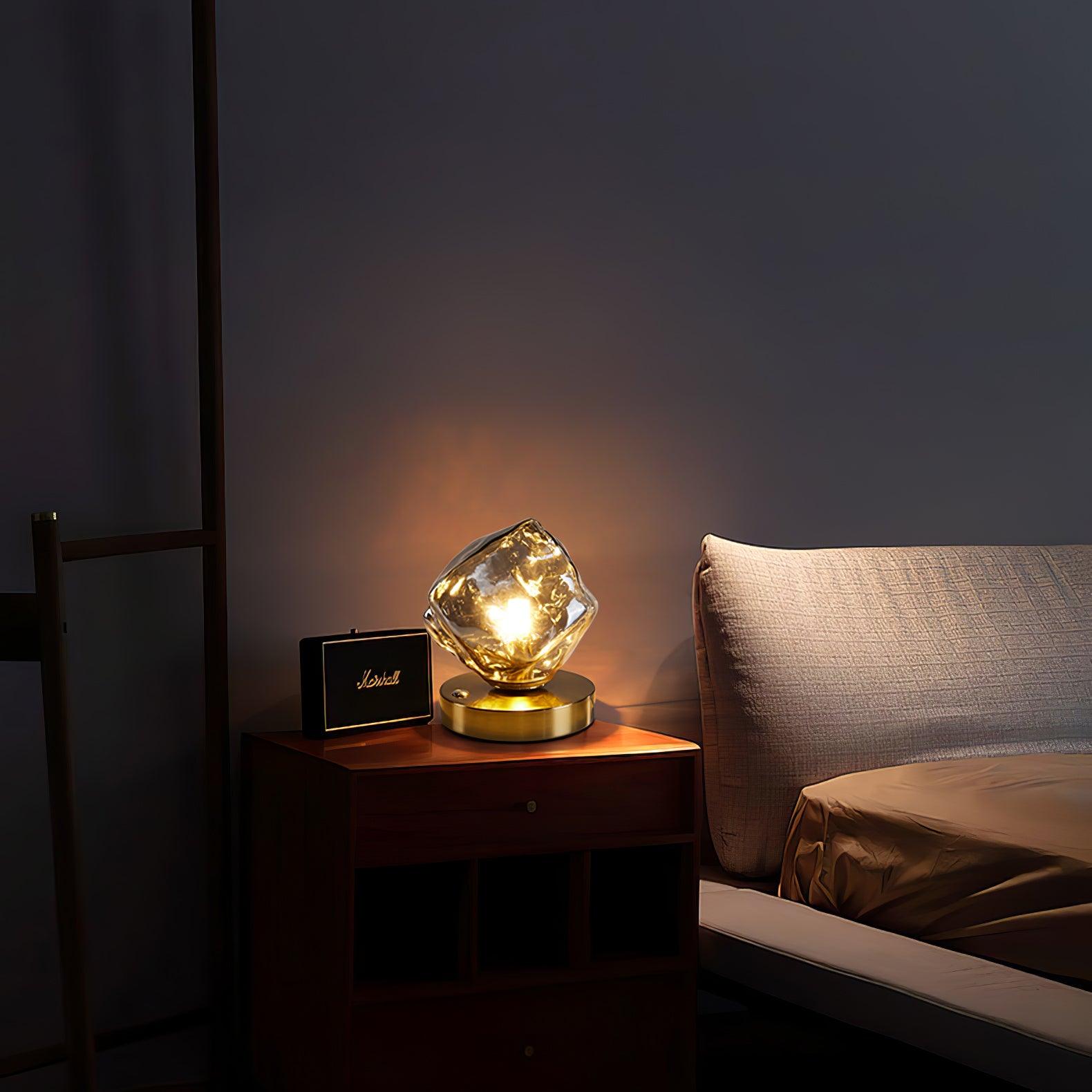Handcrafted Ice Stone Glass Bedside Table Lamp Smokey Amber Finish Reading Light with Wooden Base