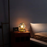 Handcrafted Ice Stone Glass Bedside Table Lamp Smokey Amber Finish Reading Light with Wooden Base