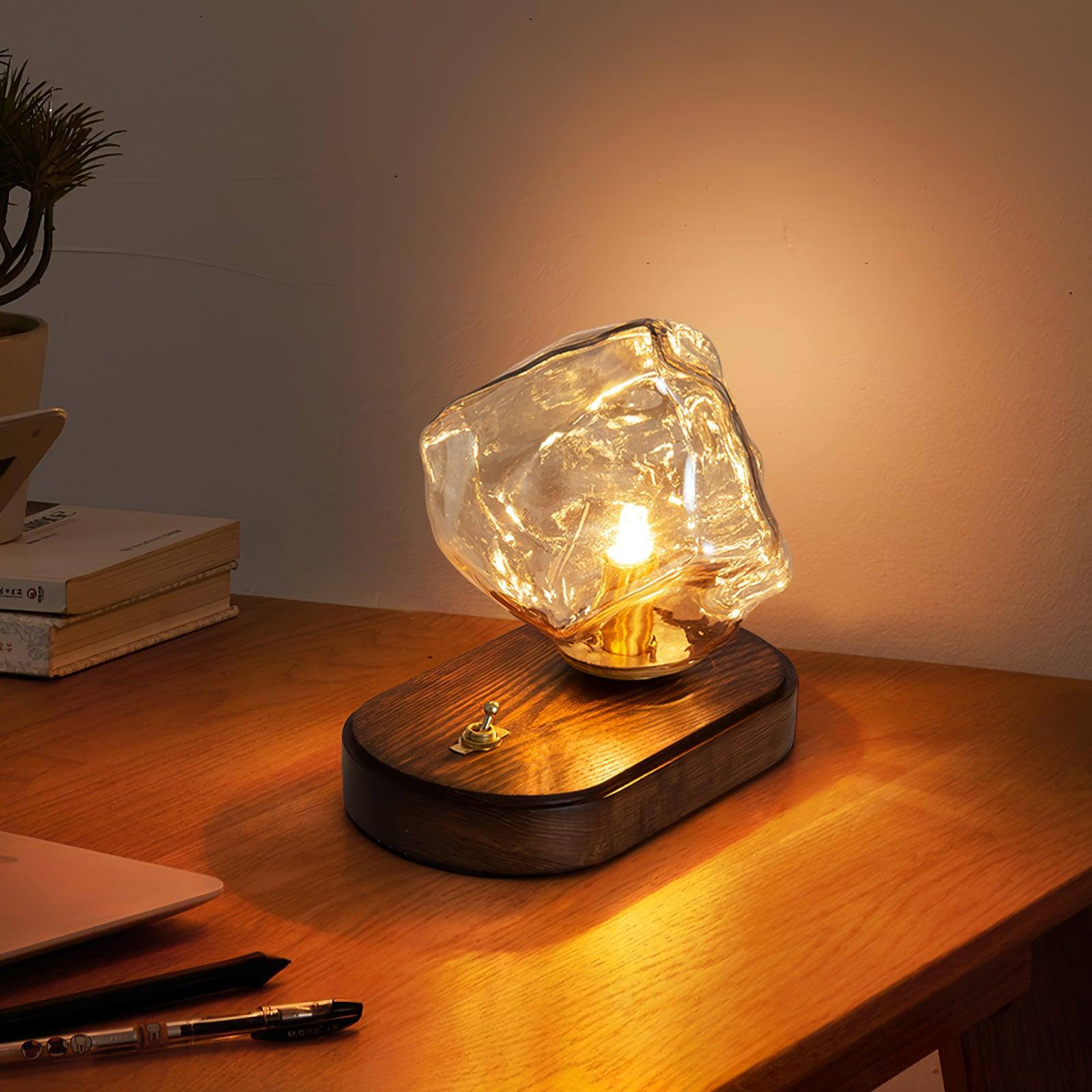 Handcrafted Ice Stone Glass Bedside Table Lamp Smokey Amber Finish Reading Light with Wooden Base