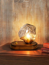 Handcrafted Ice Stone Glass Bedside Table Lamp Smokey Amber Finish Reading Light with Wooden Base
