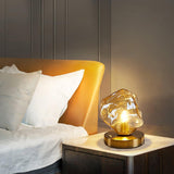 Handcrafted Ice Stone Glass Bedside Table Lamp Smokey Amber Finish Reading Light with Wooden Base