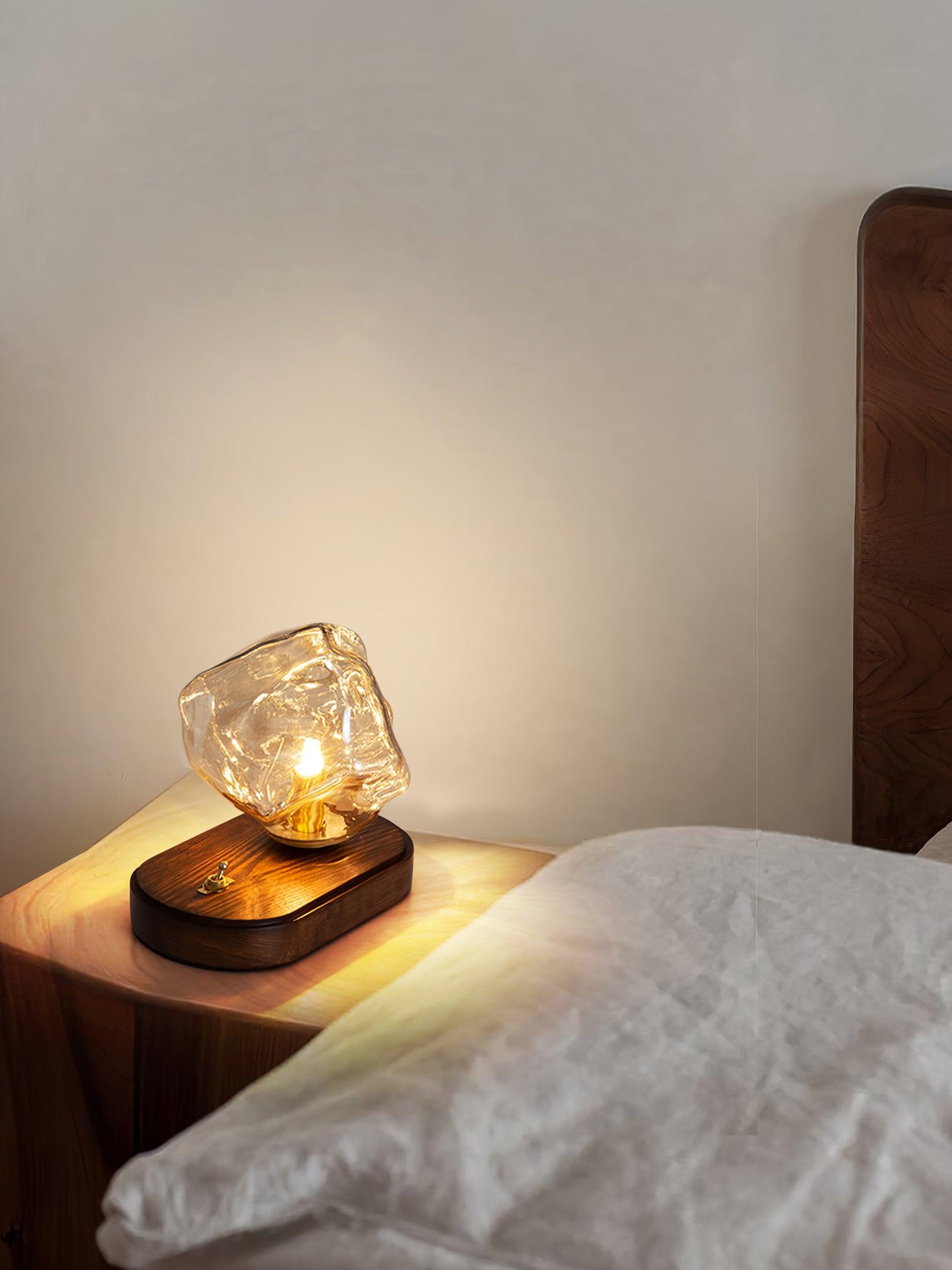 Handcrafted Ice Stone Glass Bedside Table Lamp Smokey Amber Finish Reading Light with Wooden Base