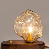 Handcrafted Ice Stone Glass Bedside Table Lamp Smokey Amber Finish Reading Light with Wooden Base