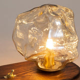 Handcrafted Ice Stone Glass Bedside Table Lamp Smokey Amber Finish Reading Light with Wooden Base