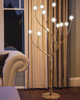 Modern Geometric Imitation Wood Floor Lamp with Glass Globe Shades for Living Room