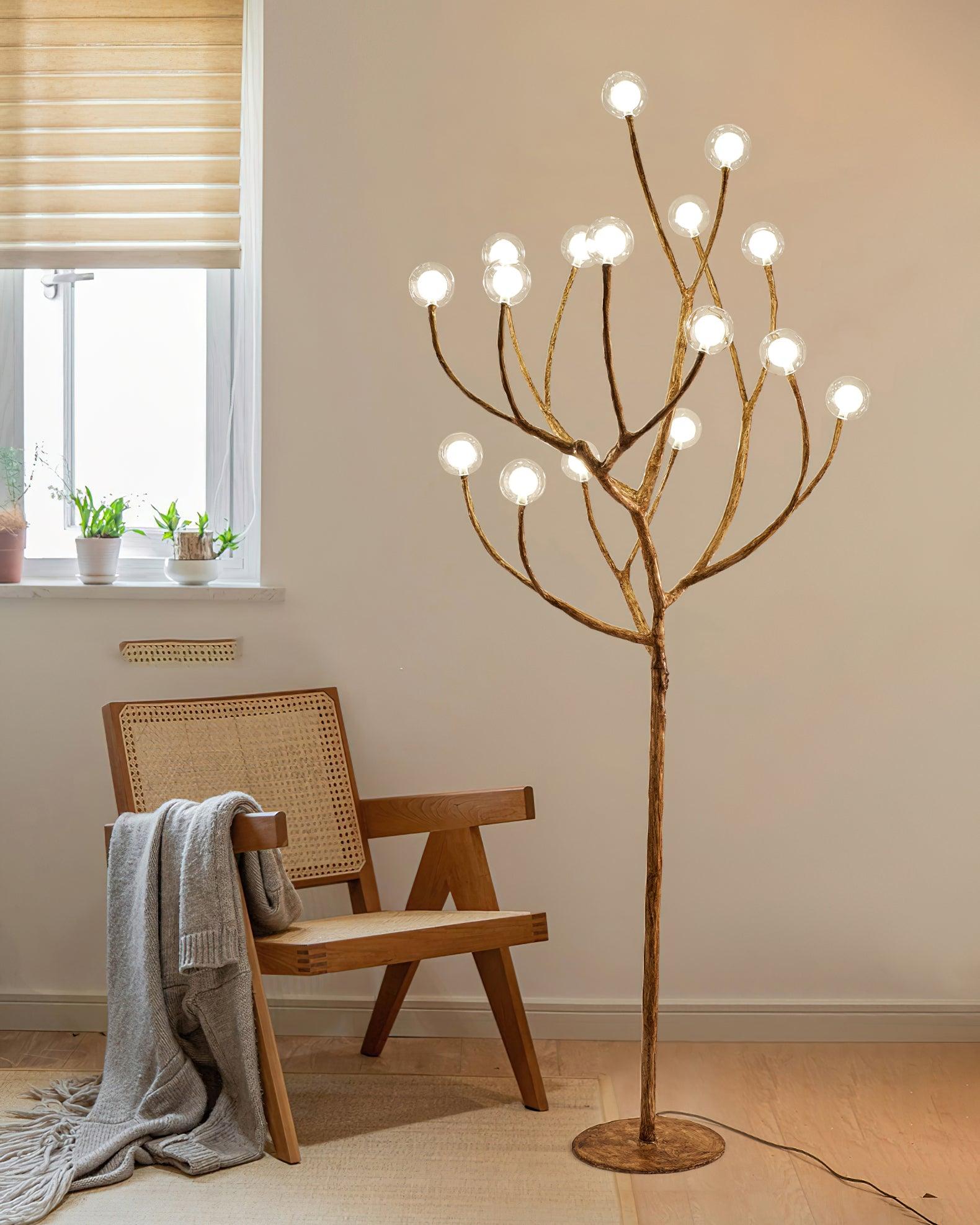 Modern Geometric Imitation Wood Floor Lamp with Glass Globe Shades for Living Room