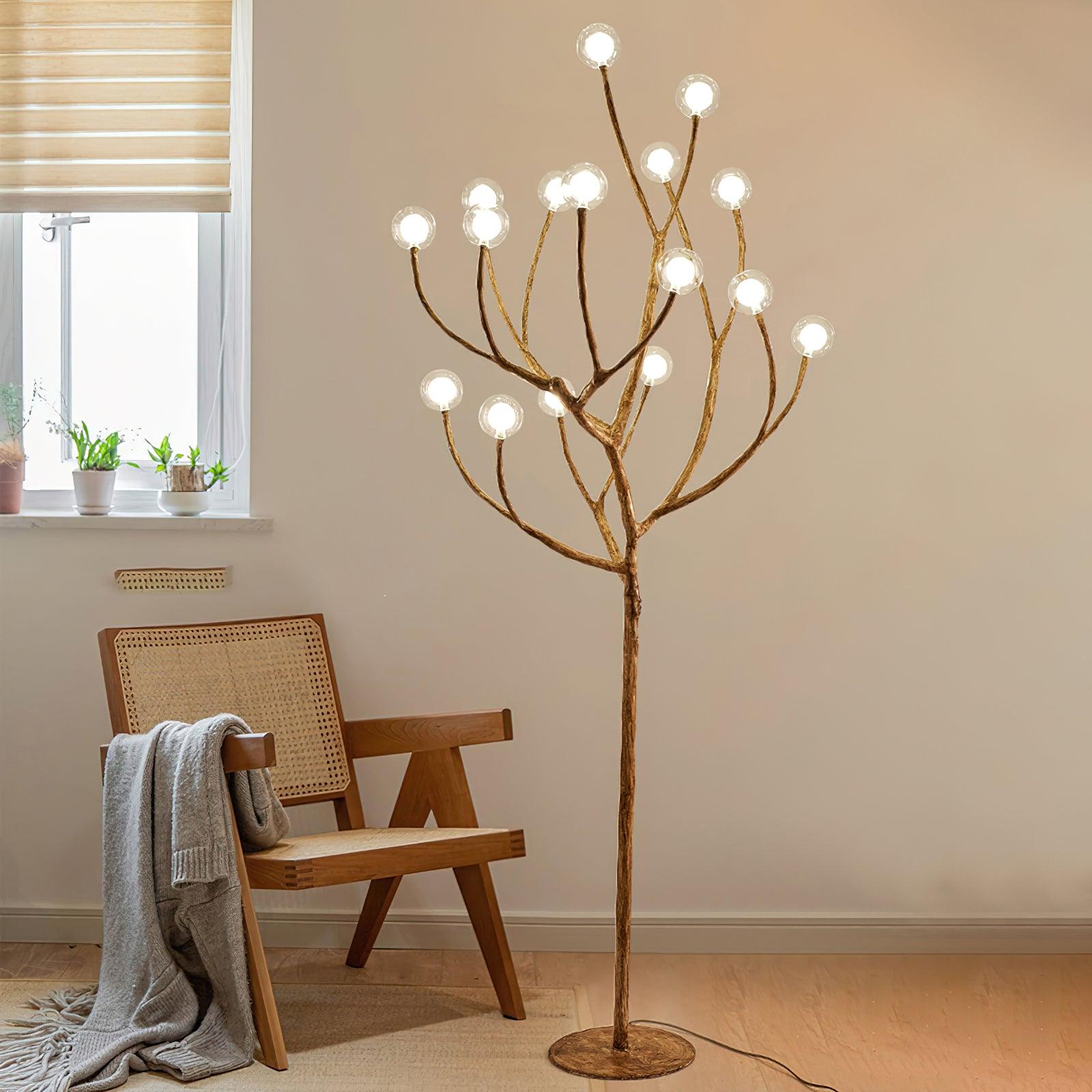 Modern Geometric Imitation Wood Floor Lamp with Glass Globe Shades for Living Room