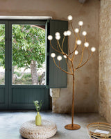 Modern Geometric Imitation Wood Floor Lamp with Glass Globe Shades for Living Room