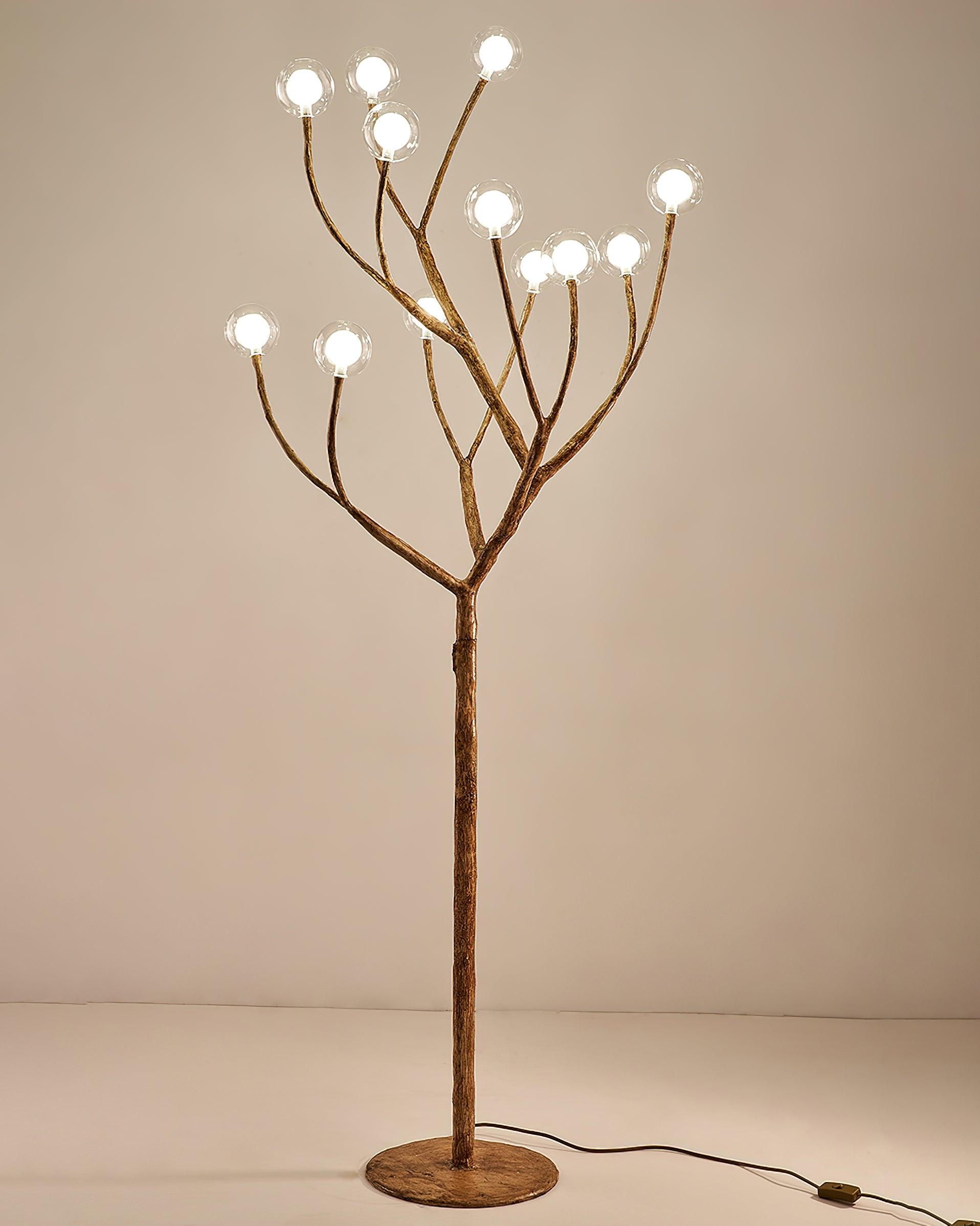 Modern Geometric Imitation Wood Floor Lamp with Glass Globe Shades for Living Room