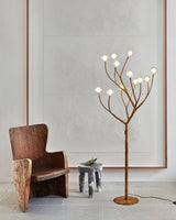 Modern Geometric Imitation Wood Floor Lamp with Glass Globe Shades for Living Room
