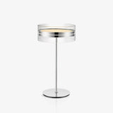 Modern Chrome LED Table Lamp with Cylindrical Glass Shade and Acrylic Elements for Bedroom Decor